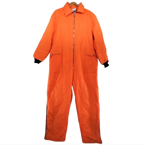 Vtg Coveralls Men XL Orange Hollofil 808 Hunting Workwear 1-Pc USA Made 80s 90s - Picture 1 of 16